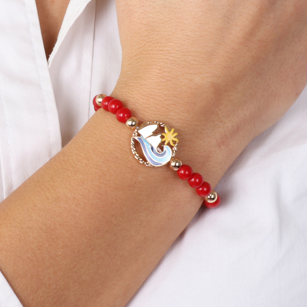 Metal bracelet with corallini and faraglioni capri, embellished with colored glazes