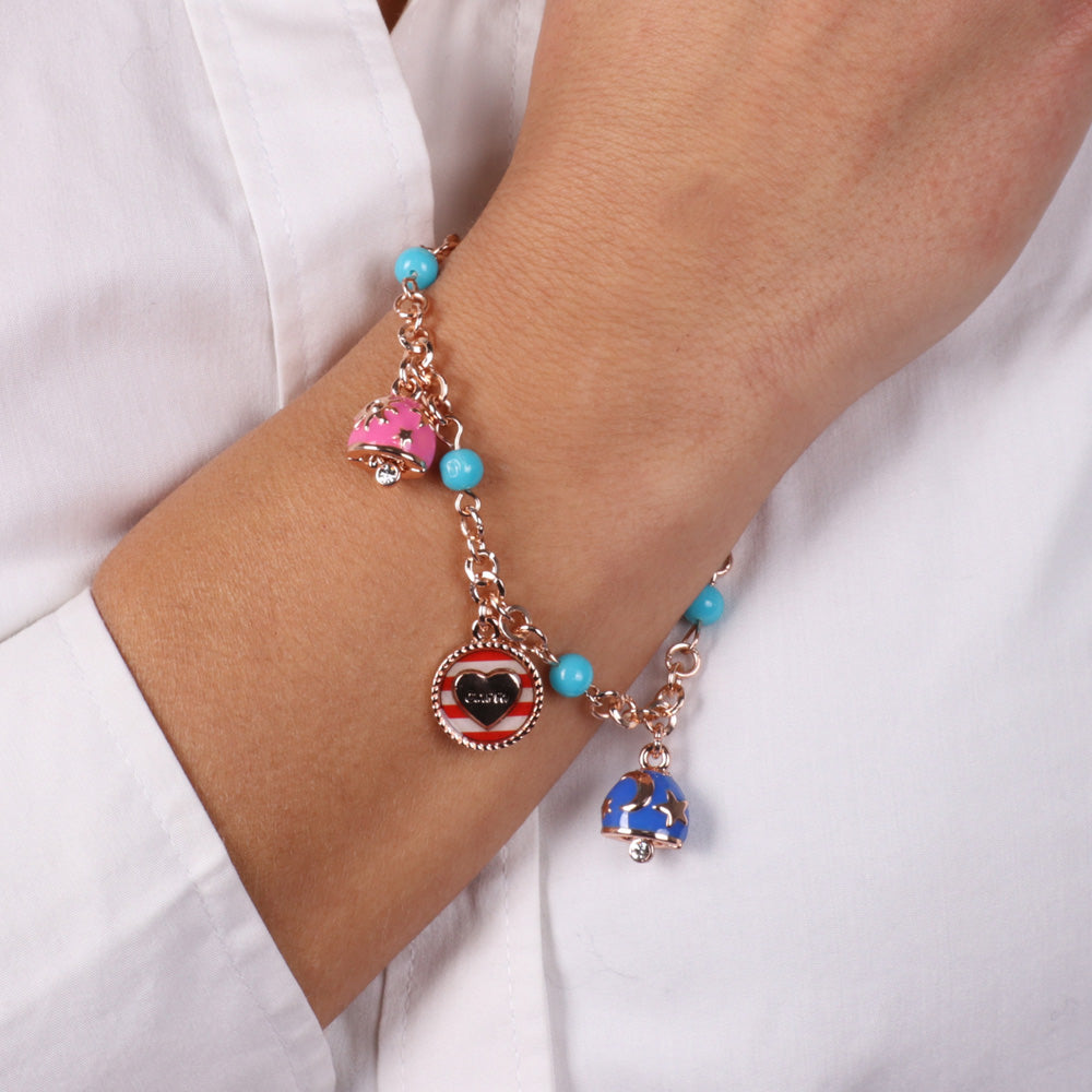Metal bracelet in Rollò jersey with Turchesini, charms bells decorated with stars, colored glazes and crystals