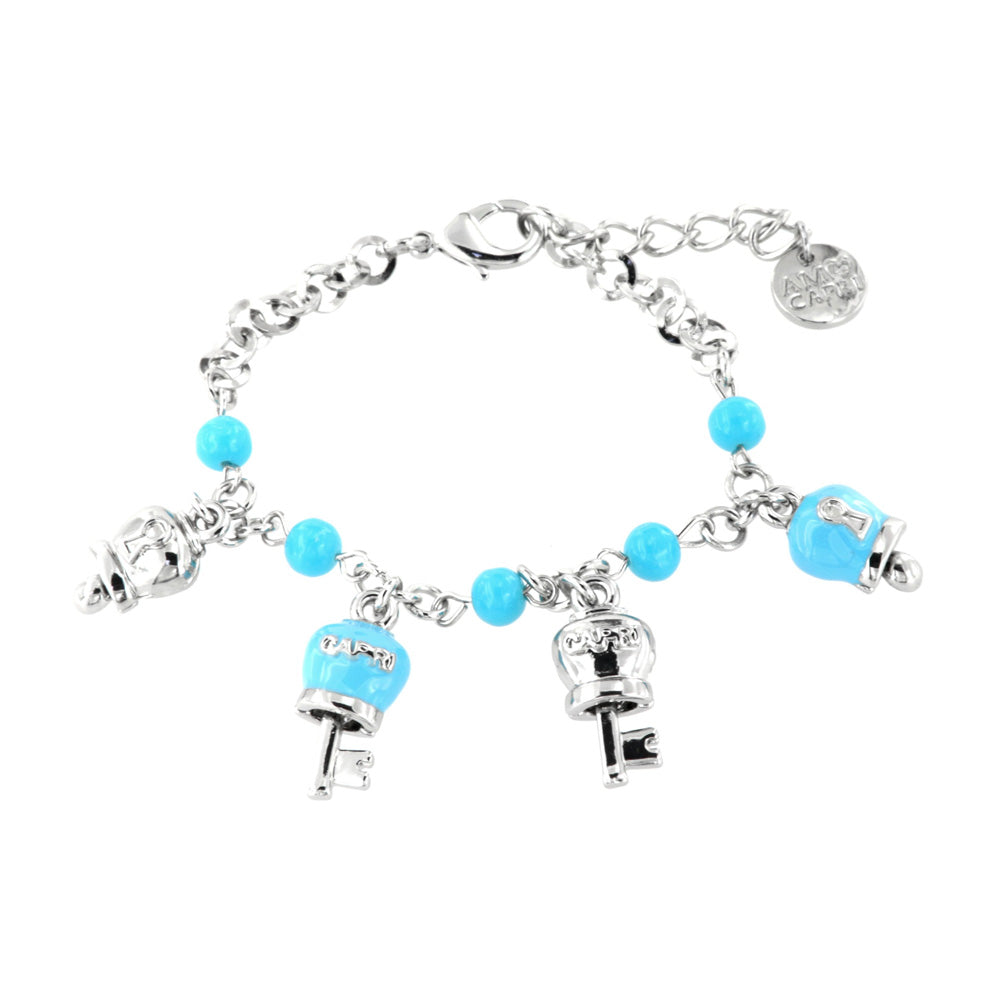 Metal bracelet roller jersey with Turchesini, charms padlock with bell and key embellished with enamel