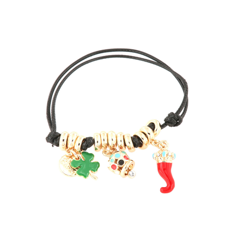Metal bracelet in caucciu with quadrifoglio -shaped pendants, bell and lucky horn embellished with colored glazes