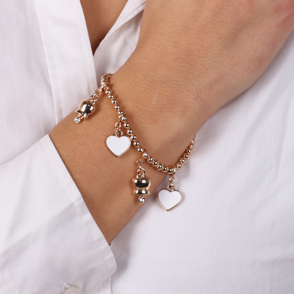 Multi -shaped metal bracelets in the shape of a bell and hearts in white enamel