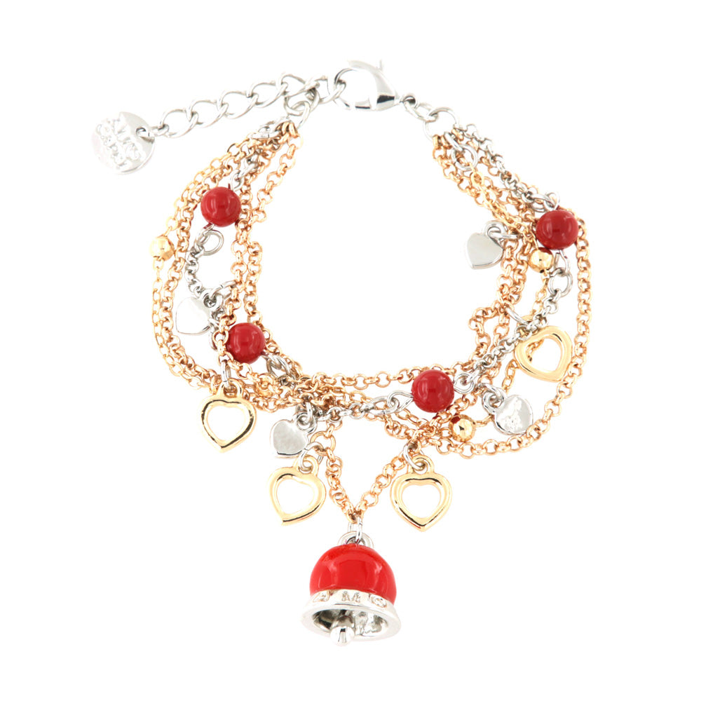 Metal bracelet with red -knit pendant bell multifile with colored hearts and corals