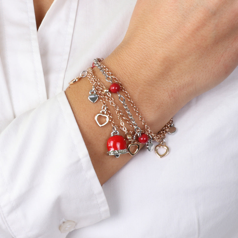 Metal bracelet with red -knit pendant bell multifile with colored hearts and corals