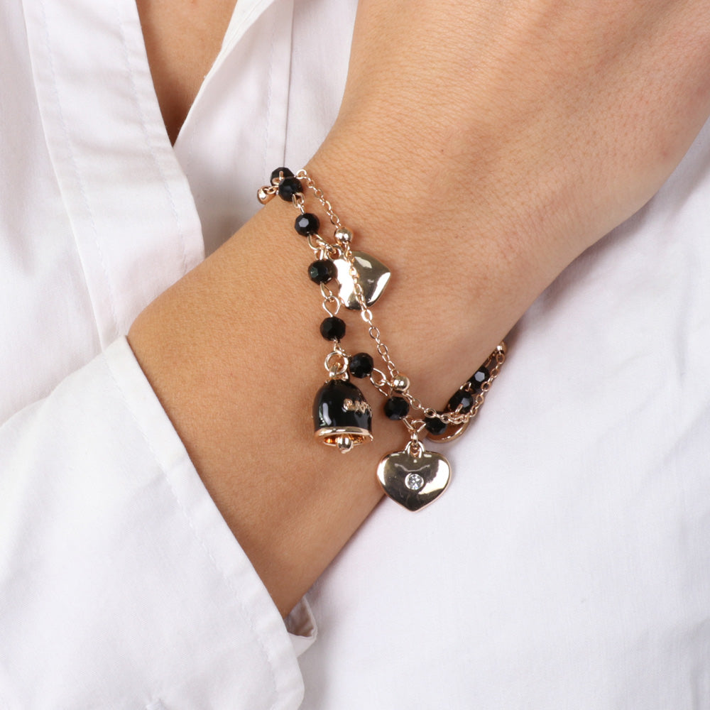 Metal bracelet with heart, white crystals and lucky bell