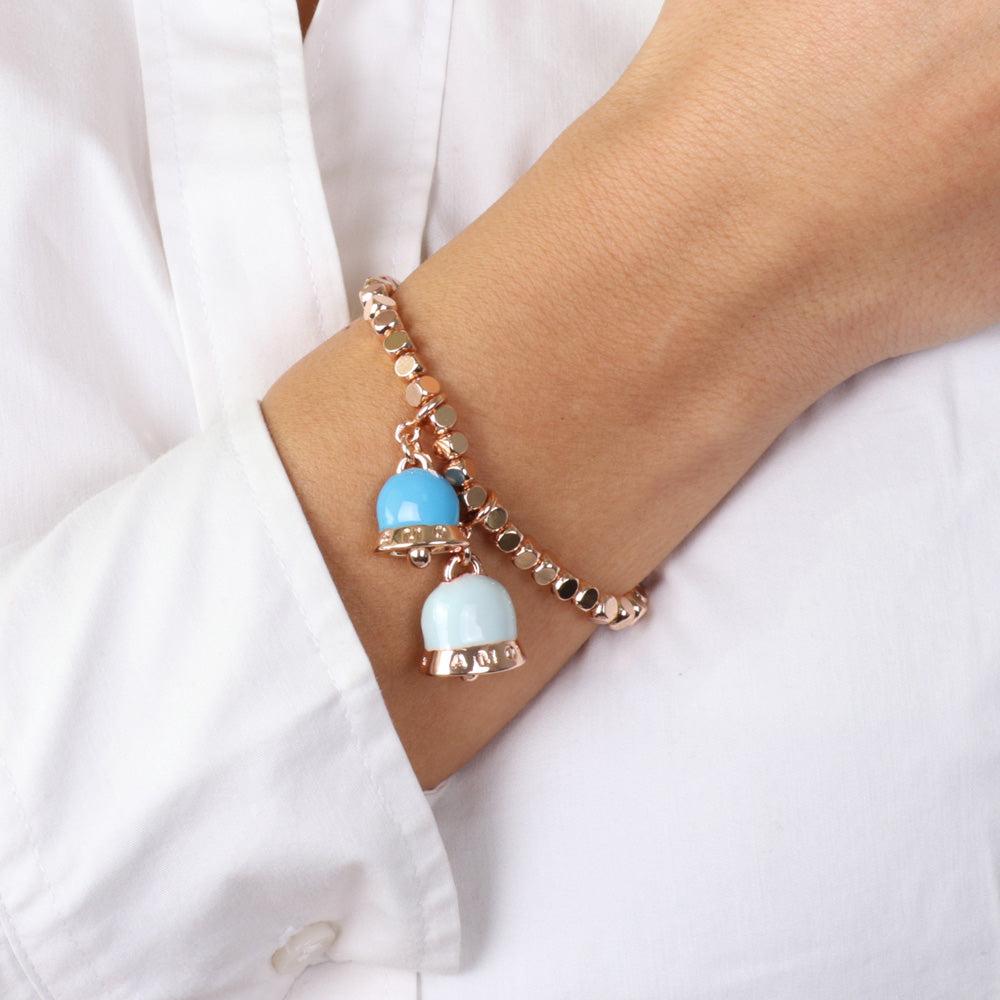 Metal bracelet in cubes, with pending bells embellished with enamels in the colors of turquoise
