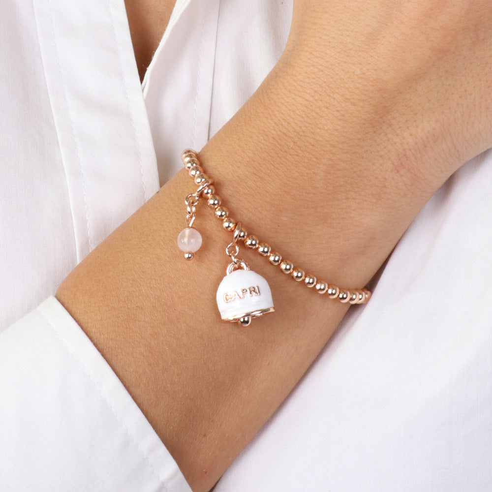 Metal bracelet spherical jersey, with Caprese bell embellished with white enamel and pendant bead