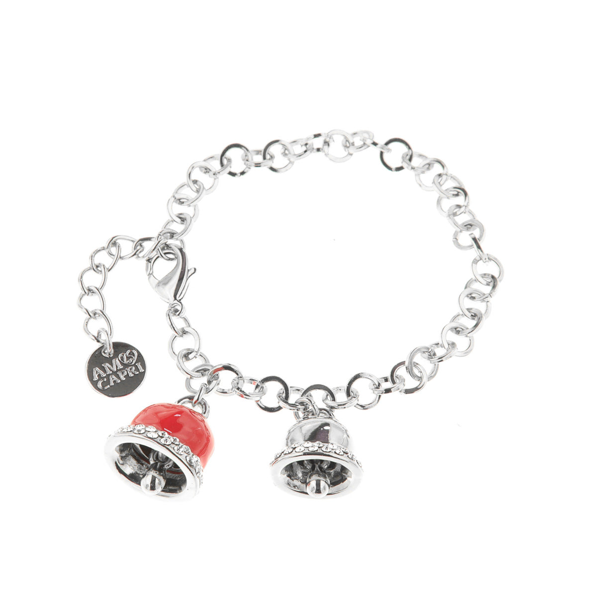 Metal bracelet with red glazed lucky charm and white crystals