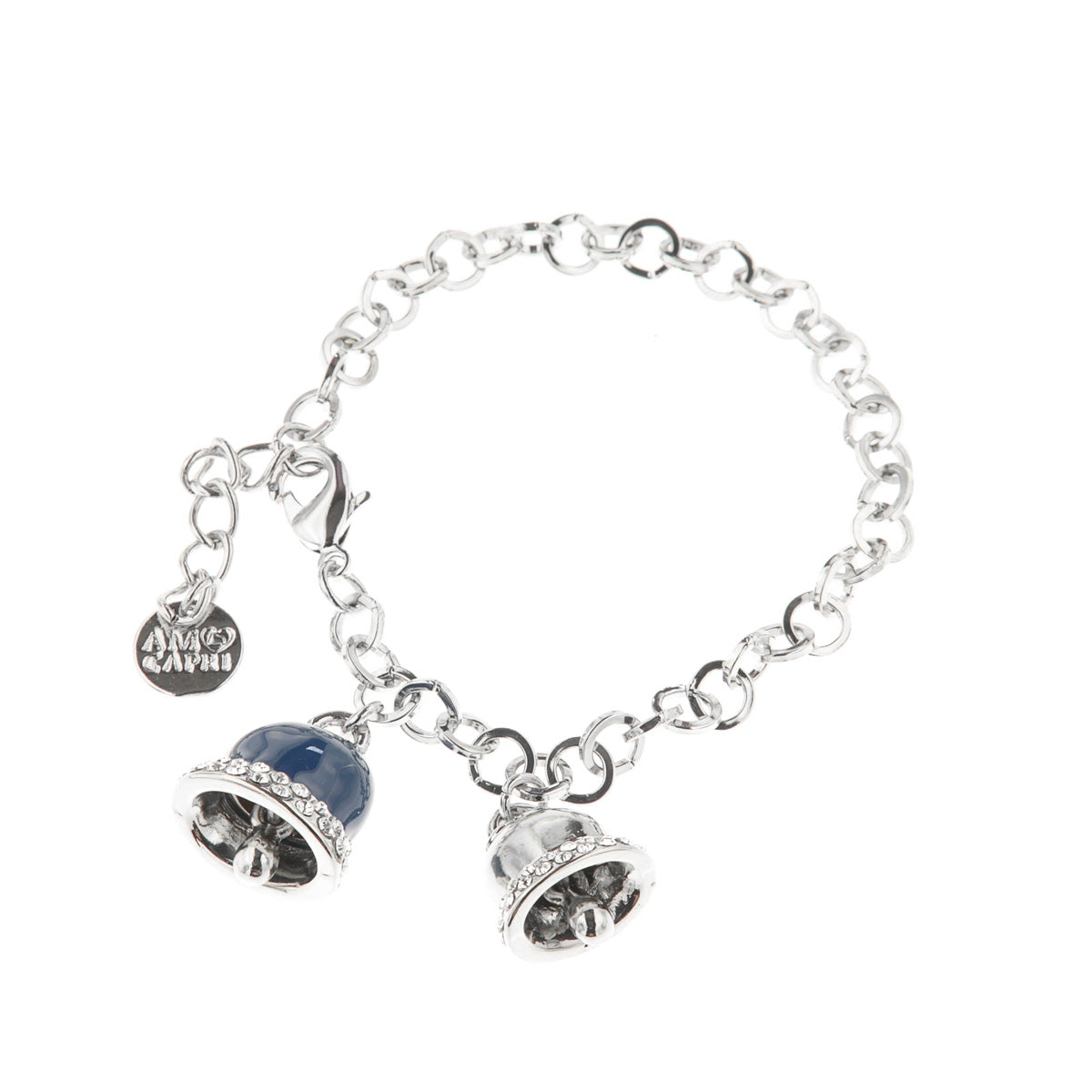 Metal bracelet with blue enamel charming bell embellished with white crystals