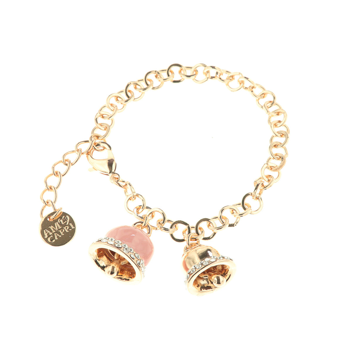Metal bracelet with pink enamel charm and white crystals
