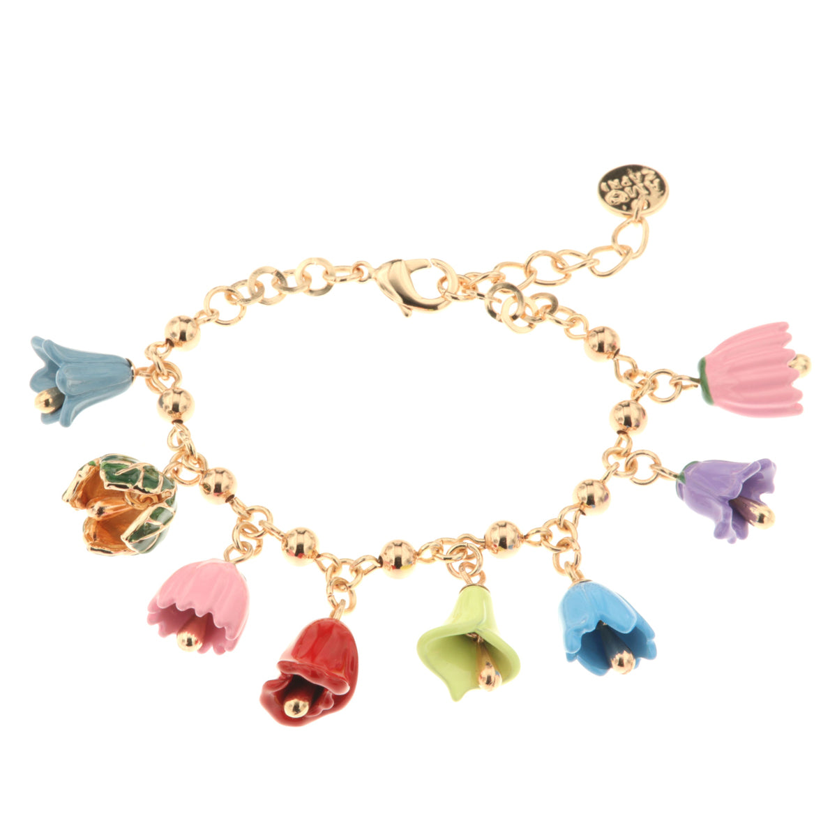 Metal bracelet with floral bells embellished with colored glazes