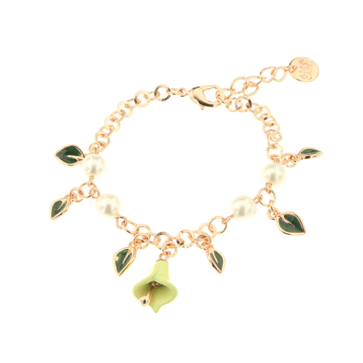 Metal bracelet with white pearls, calla -shaped bell and leaves embellished with colored glazes