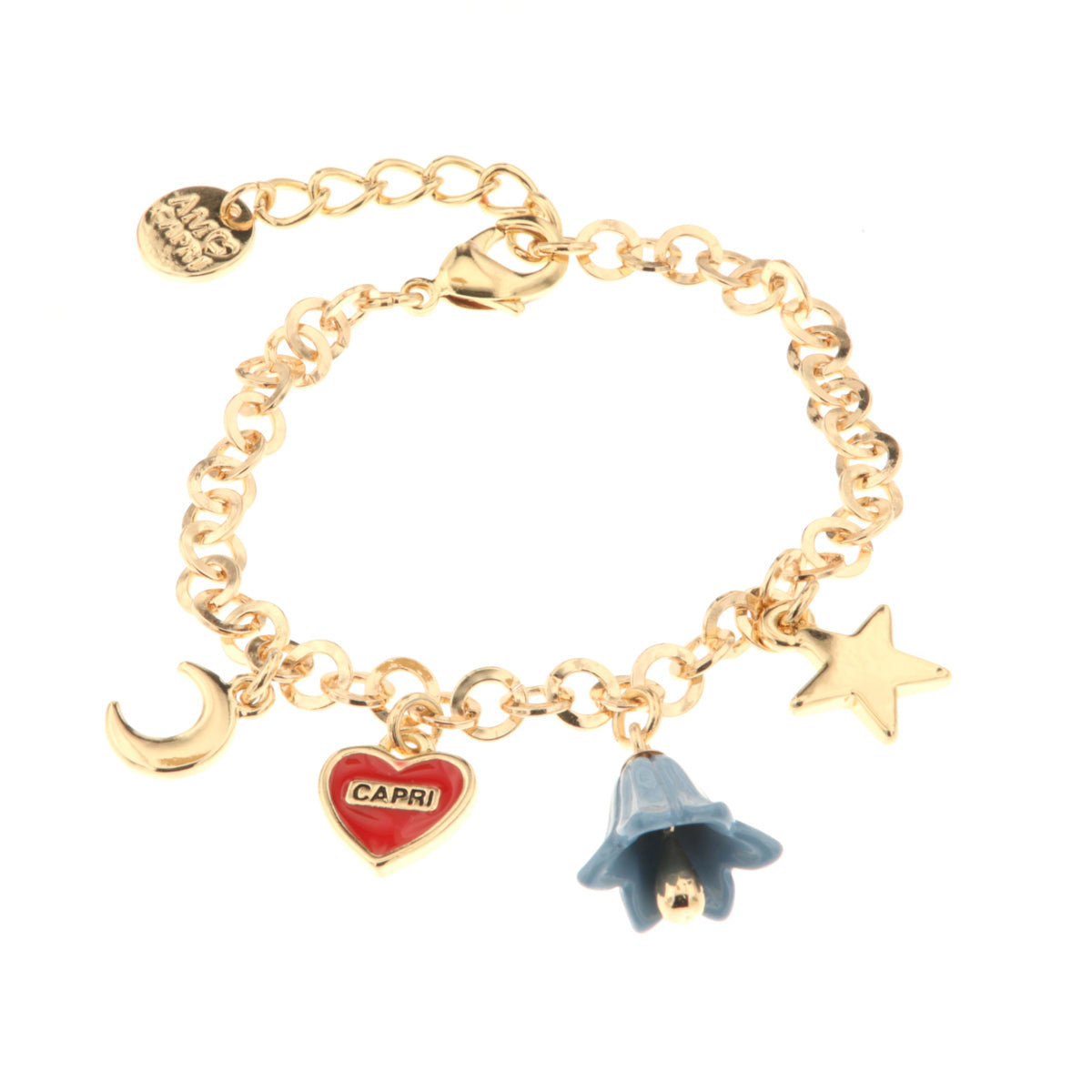 Metal bracelet with star, moon, heart with Capri writing and bell -shaped bell
