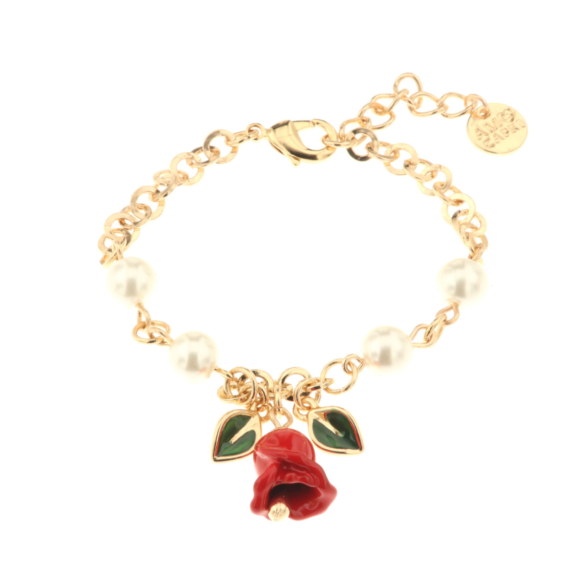 Metal bracelet with pearls, leaves and bell -shaped bell embellished with colored glazes
