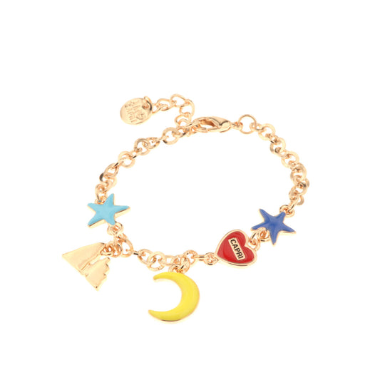 Metal bracelet with starry sky details embellished with colored enamels and pendants in the shape of Faraglioni and Luna