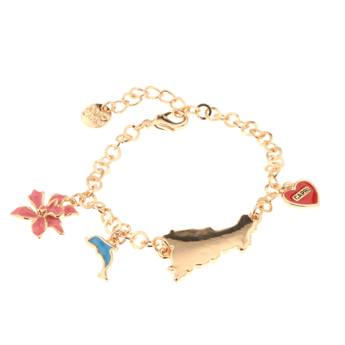 Metal bracelet with Campania -shaped detail and heart -shaped pendants with capri writing, dolphin and flower embellished with colored glazes