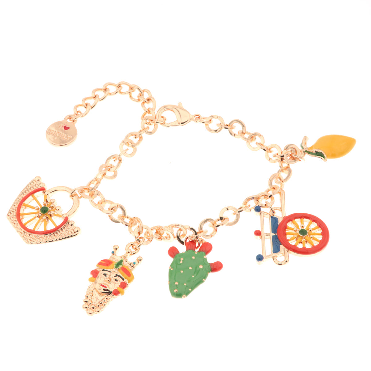 Rose gold metal bracelet with colored charms Sicily, Limone, Coffa, Moro head