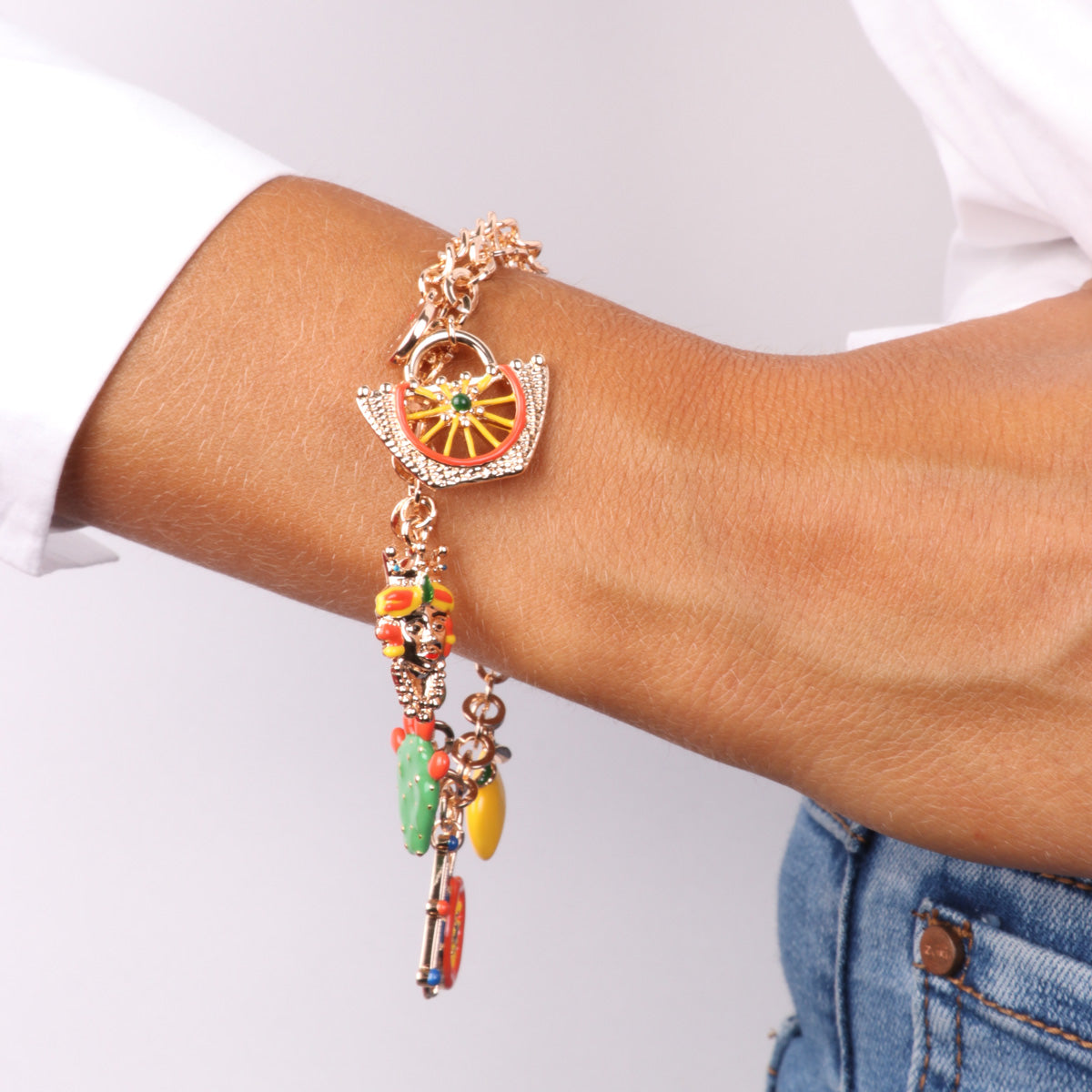 Rose gold metal bracelet with colored charms Sicily, Limone, Coffa, Moro head