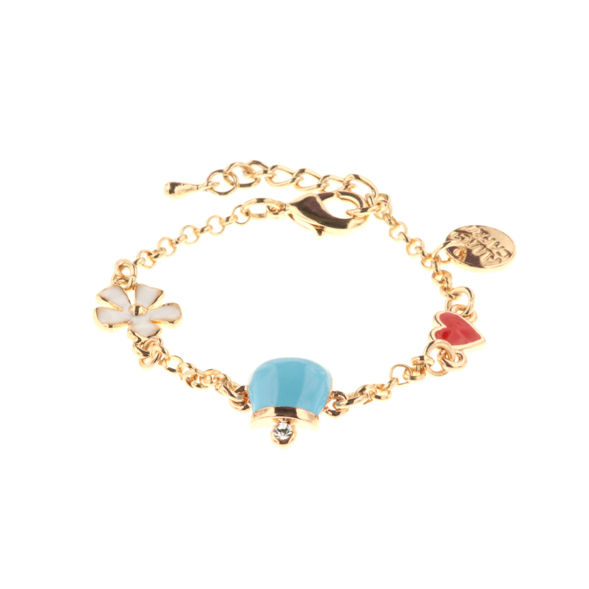 Metal bracelet with pendants embellished with colored enamels in the shape of a charming bell, heart and flower