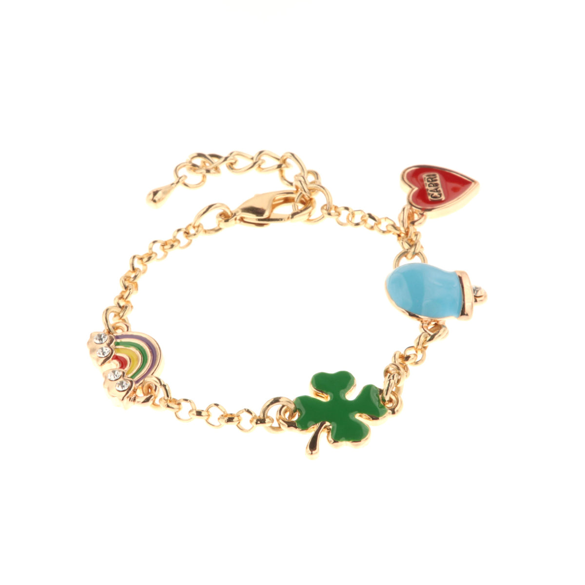 Metal bracelet with four -leaf clover, charming bell, heart with Capri and rainbow