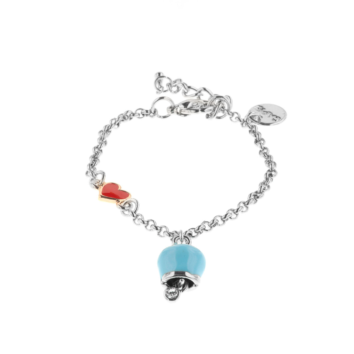 Metal bracelet with bell nogging blue changing and pendant in the shape of a red glazed heart shape and detail