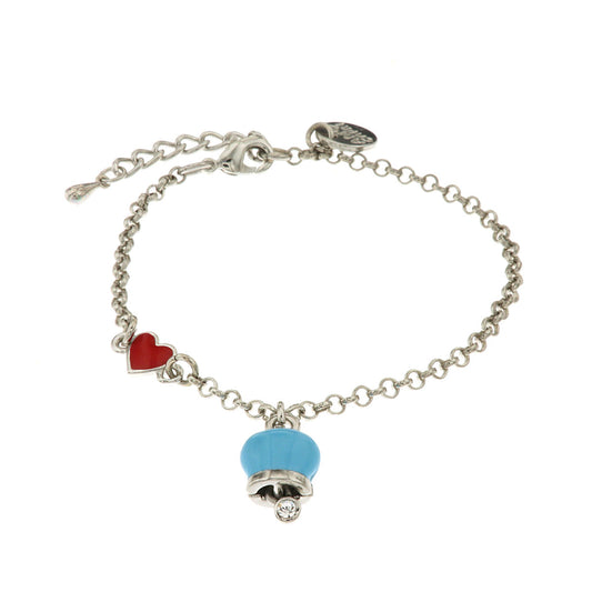 Metal bracelet with red heart and pendant charm bell, embellished with blue enamel and light point