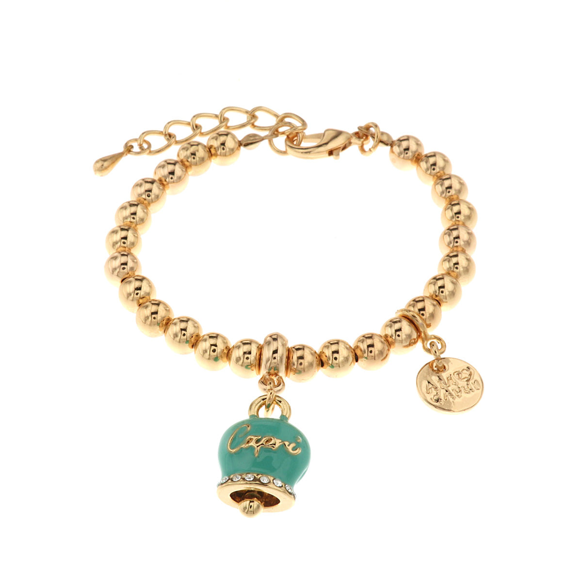 Metal bracelet spheres with green bell with capri writing
