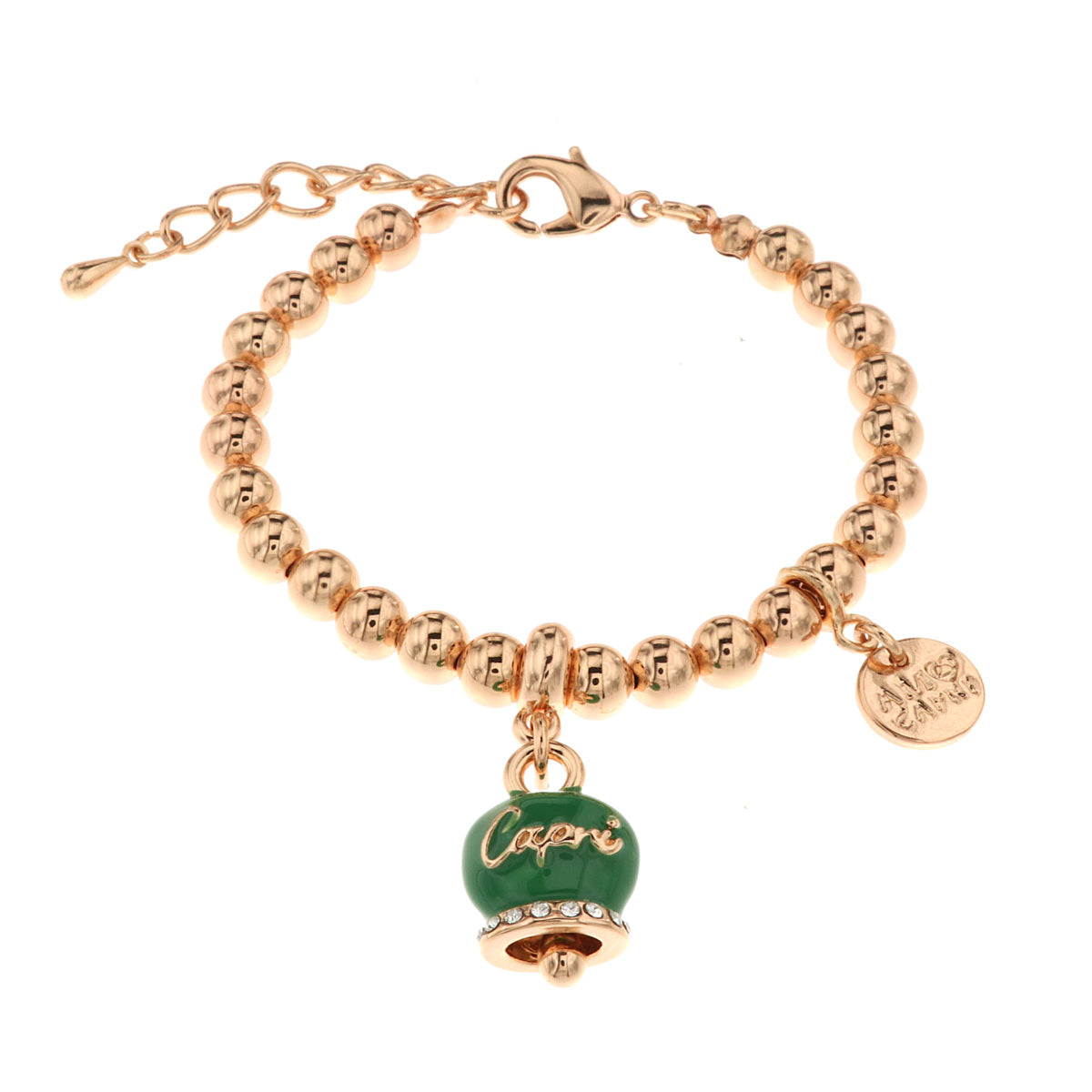Metal bracelet with green lucky charm and Capri writing
