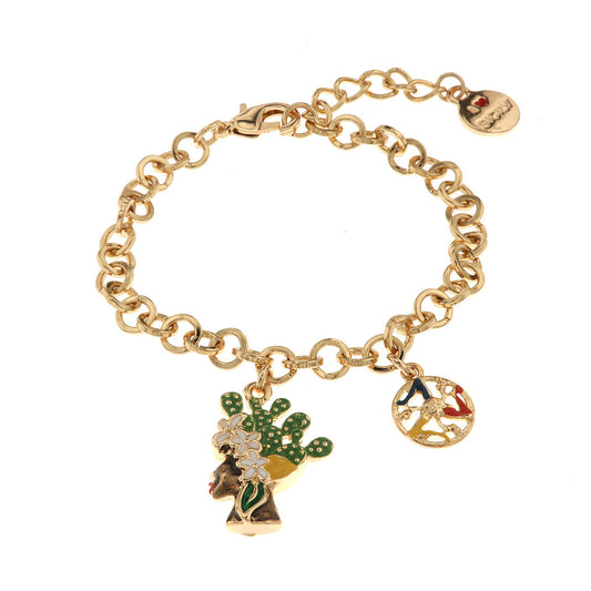 Metal bracelet with a woman's head and Trinacria symbol embellished with colored glazes