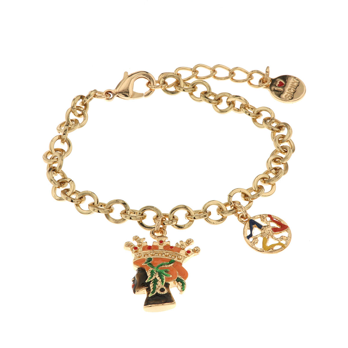 Metal bracelet with a woman's head and Trinacria symbol embellished with colored glazes