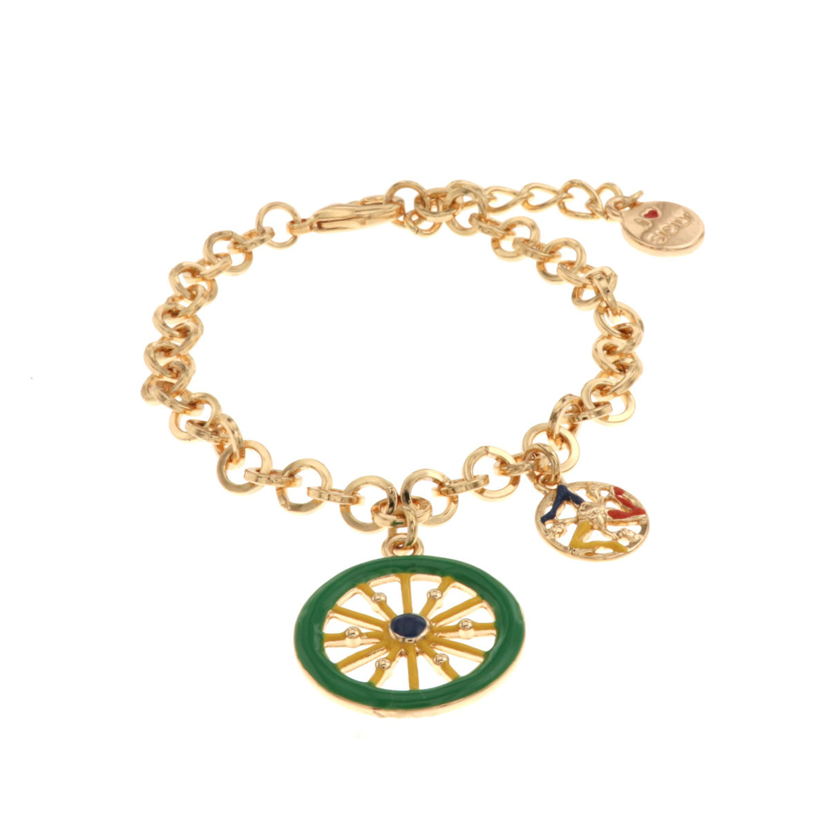 Metal bracelet in rolò jersey with charm wheel cart and trinacria with colored glazes