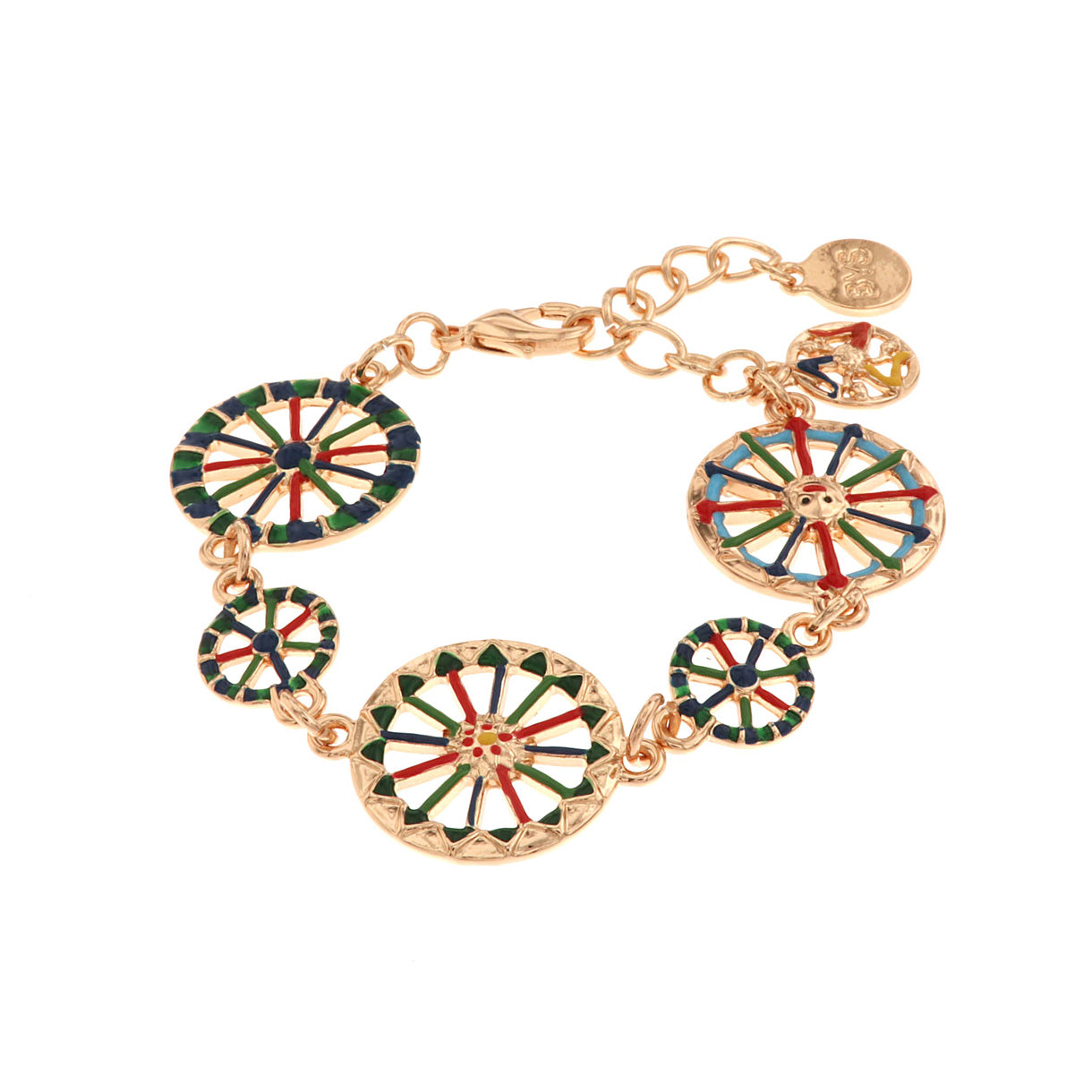 Metal bracelet with wheels of the Sicilian cart embellished with colored glazes