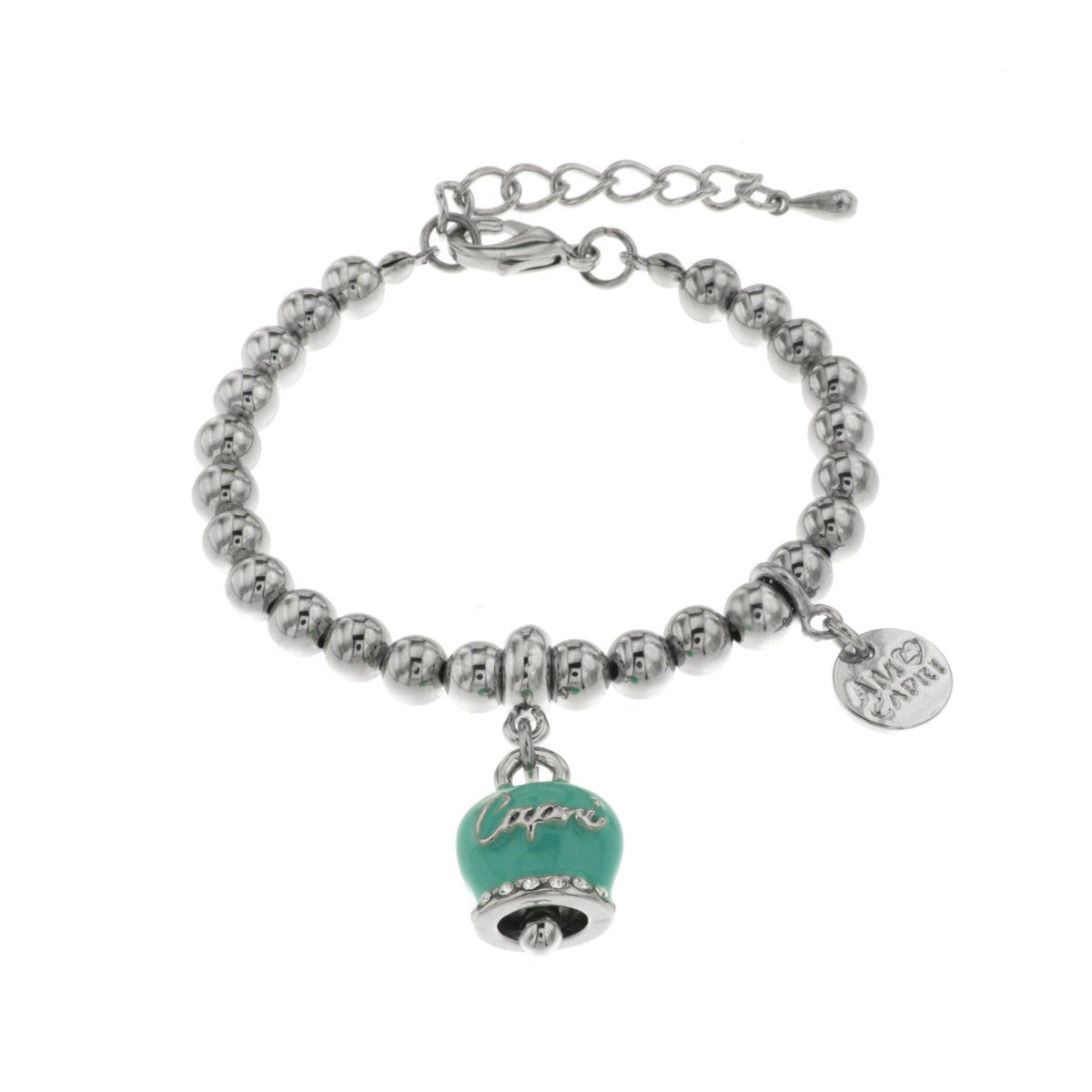 Metal bracelet with bell sea green pendant with capri writing