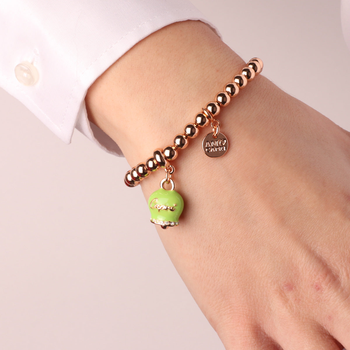 Metal bracelet with LIME green lucky charming bell, with Capri writing