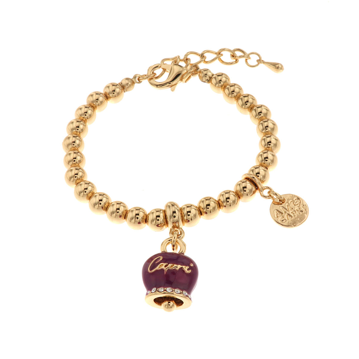 Metal bracelet with bell pendant purple with capri writing