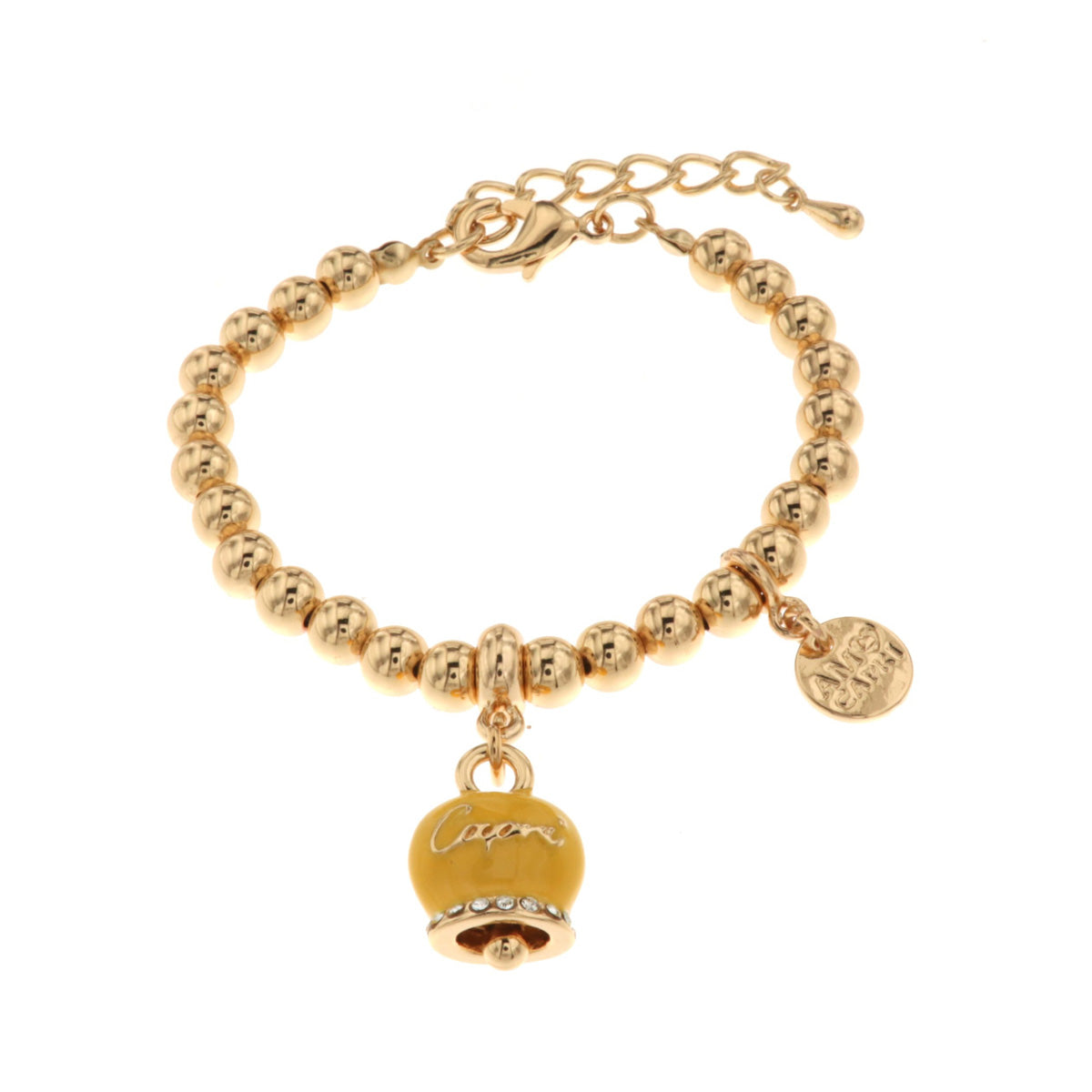 Metal bracelet with yellow bell with Capri writing and white crystals