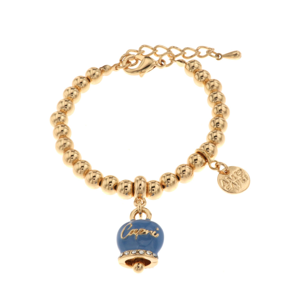 Metal bracelet with cobalt blue charming bell, with capri writing