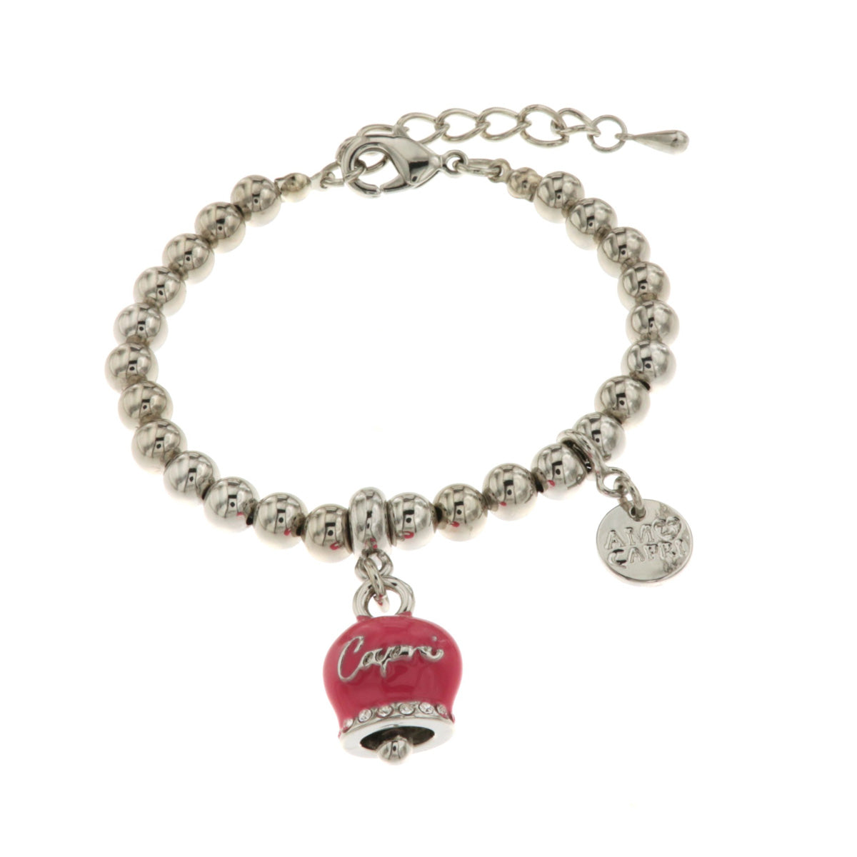 Metal bracelet with fuchsia bell, with Capri writing and white crystals