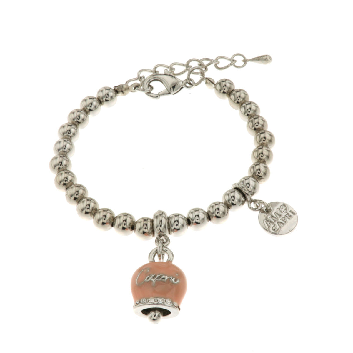 Metal bracelet with antique pink luck bell, with capri writing