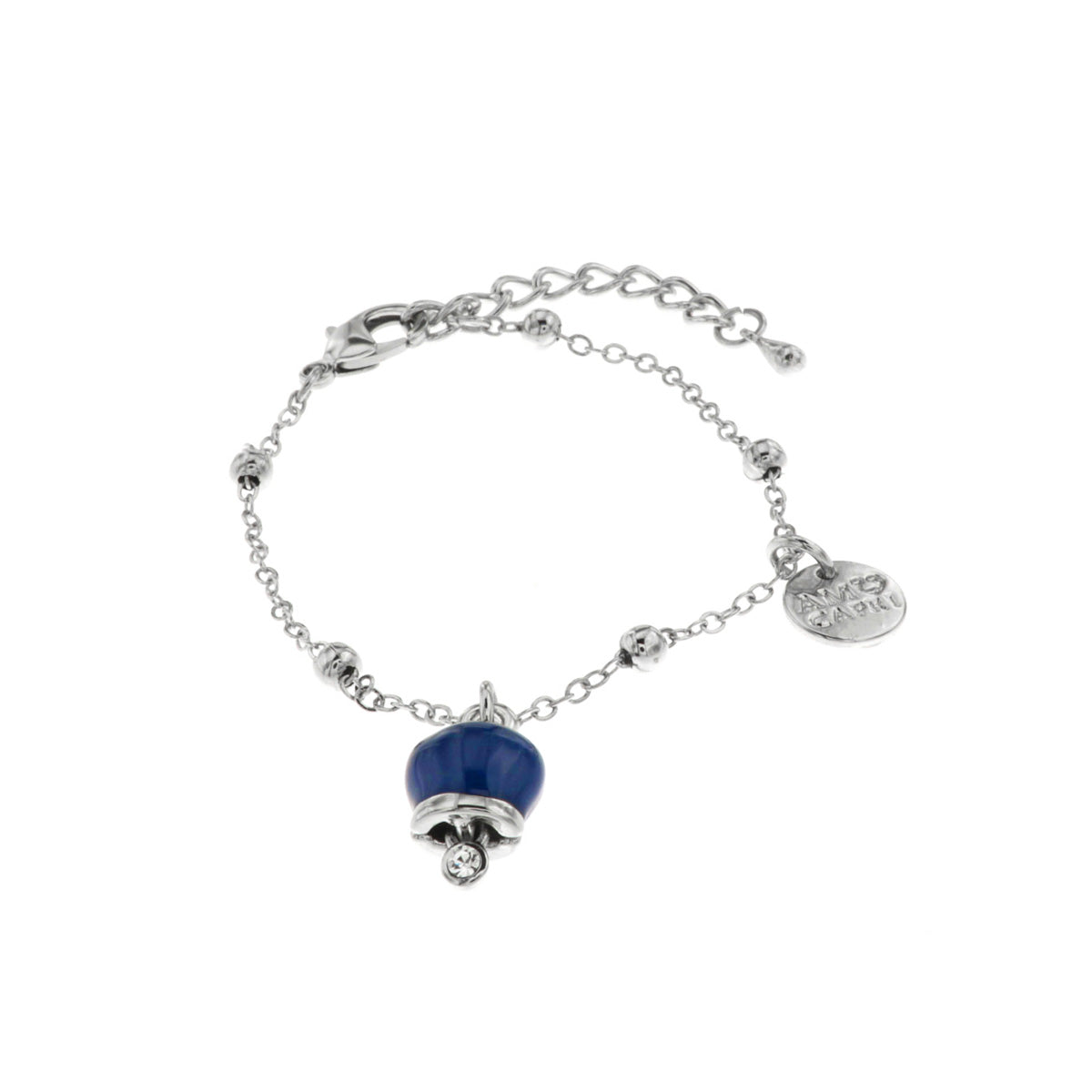 Metal bracelet with pendant charm bell, embellished with blue enamel and light point