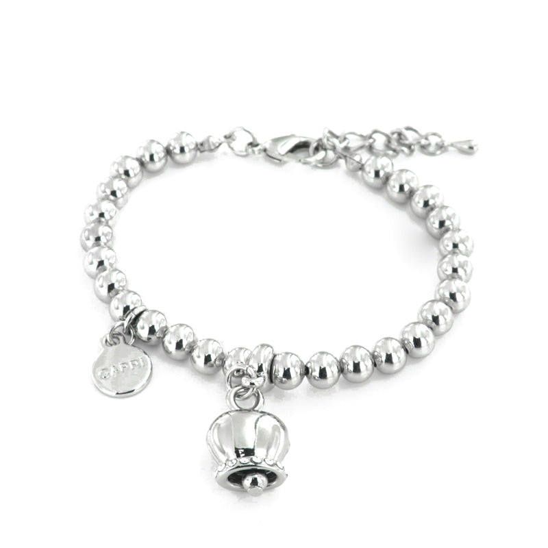 Metal bracelet spheres shirt, with a pendant charm bell, embellished with crystals