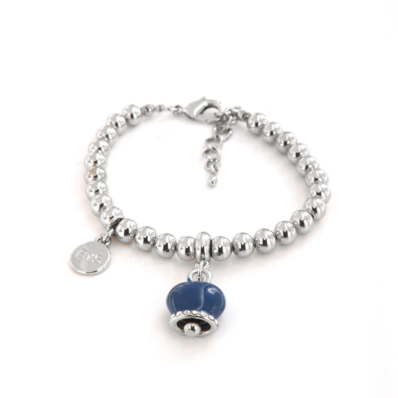 Metal bracelet of ball jersey, with a pendant charm bell, embellished with blue enamel and crystals
