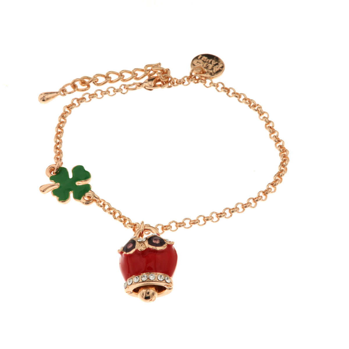 Metal bracelet with four -leaf clover and owl charming bell with red nail polish and white crystals