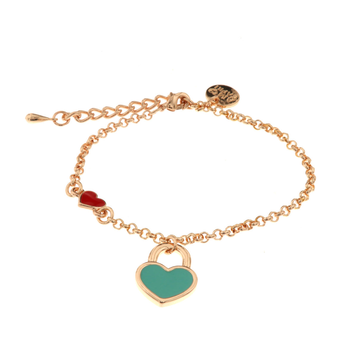 Metal bracelet with red heart and heart -shaped padlock with turquoise nail polish