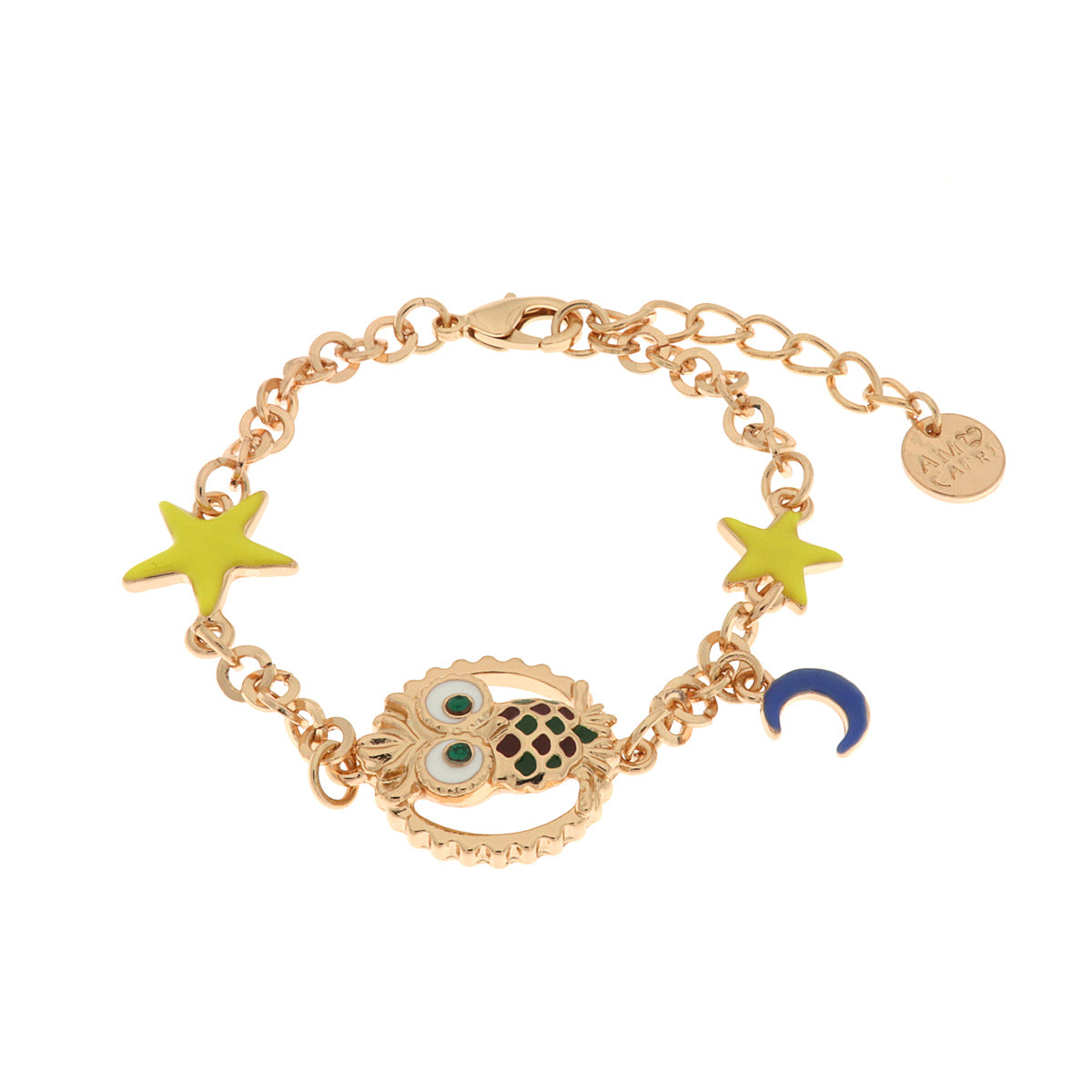 Metal bracelet with lucky owl, moon and stars