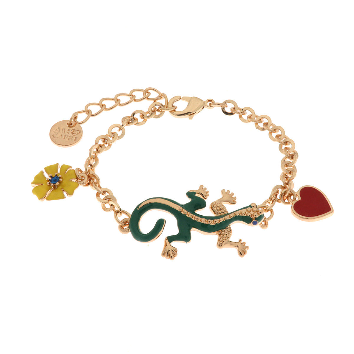 Metal bracelet with green geco, red heart and yellow flower