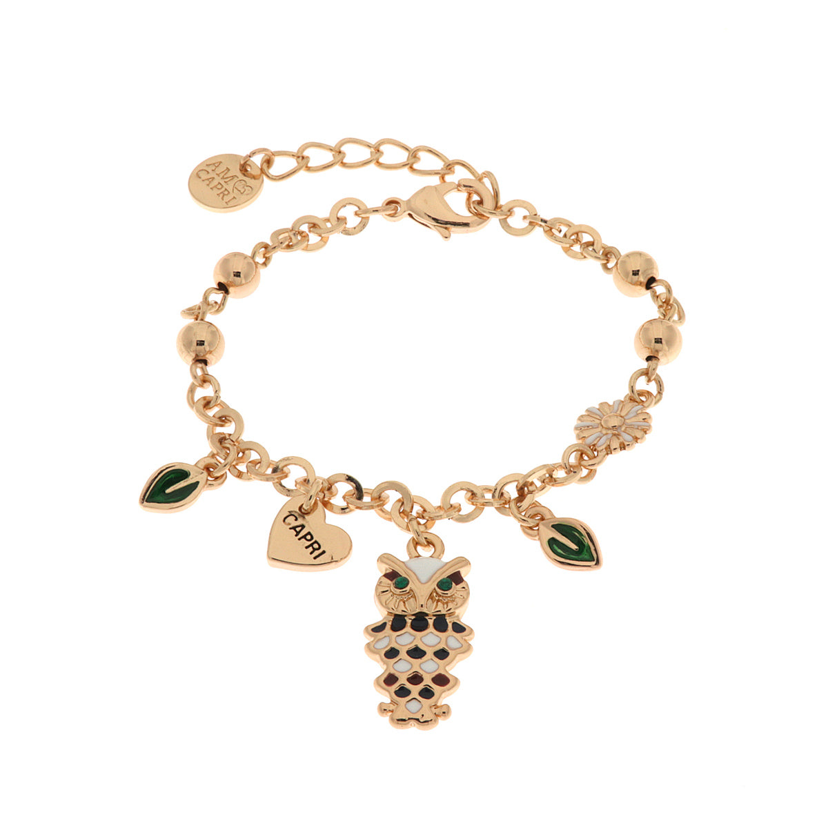 Metal bracelet with lucky owl and green crystals