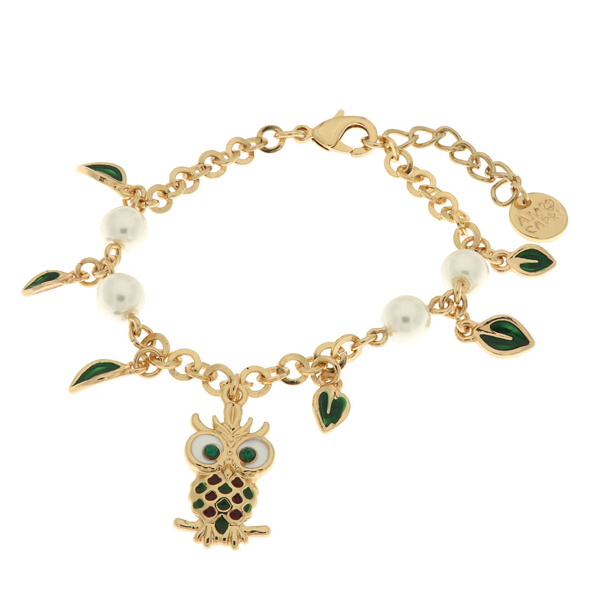 Metal bracelet with lucky owl, green crystals and pearls