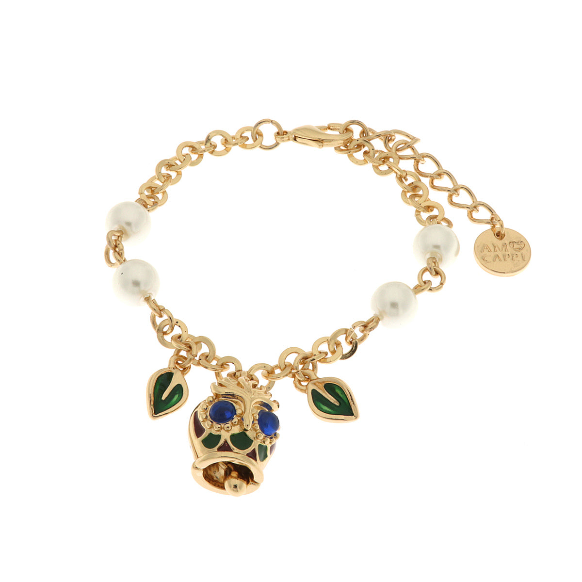 Metal bracelet with lucky owl, green crystals and pearls