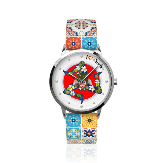 Analog metal watch with a dial embellished with a Sicilian Trinacria drawing, colored majolica printed shirt