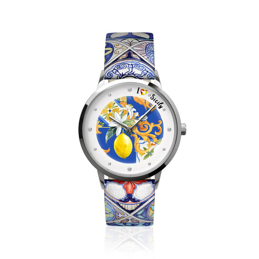 Analog metal watch with a dial embellished with the lemons of Sicily, printed jersey colored majolica